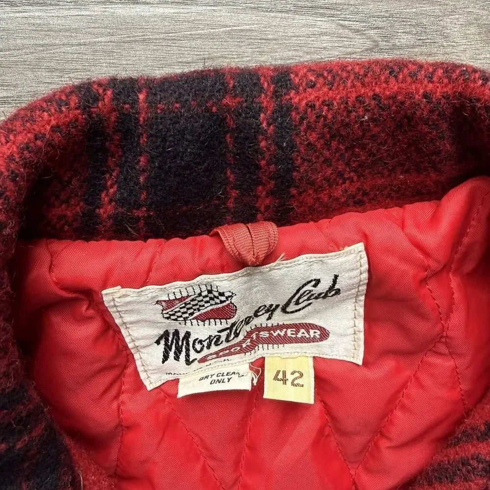VTG 70s Monterey Club Sportswear Red Plaid Wool Jacket Hunting Quilt Lined 42